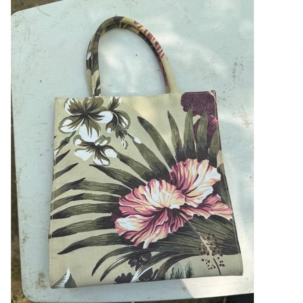 Sunny‎ Hawaii Tropical Floral Hibiscus Canvas Tote Handbag Tan Green Pink